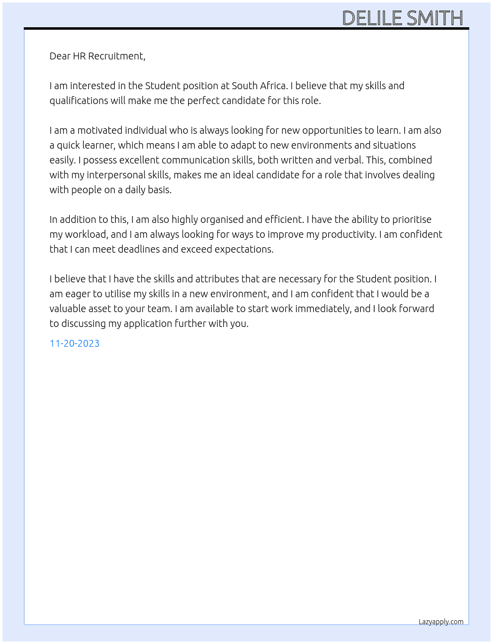 Student   At South Africa  Cover Letter