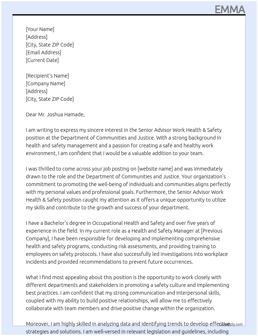 Senior Advisor Work Health & Saftey At Department of Communities and Jusitce Cover Letter