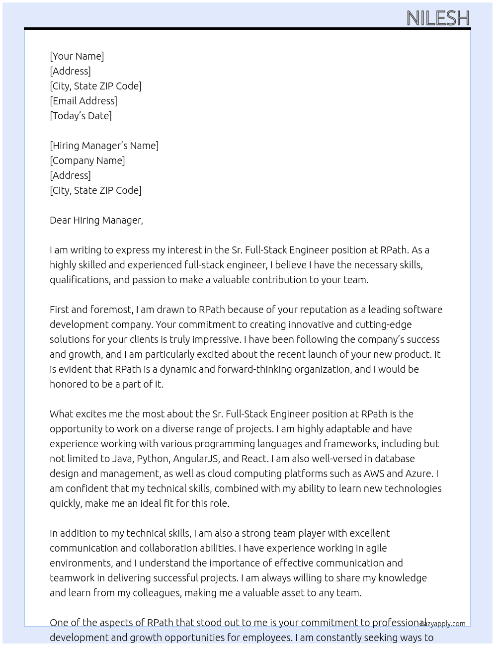 Sr. Full-Stack Engineer At RPath Cover Letter