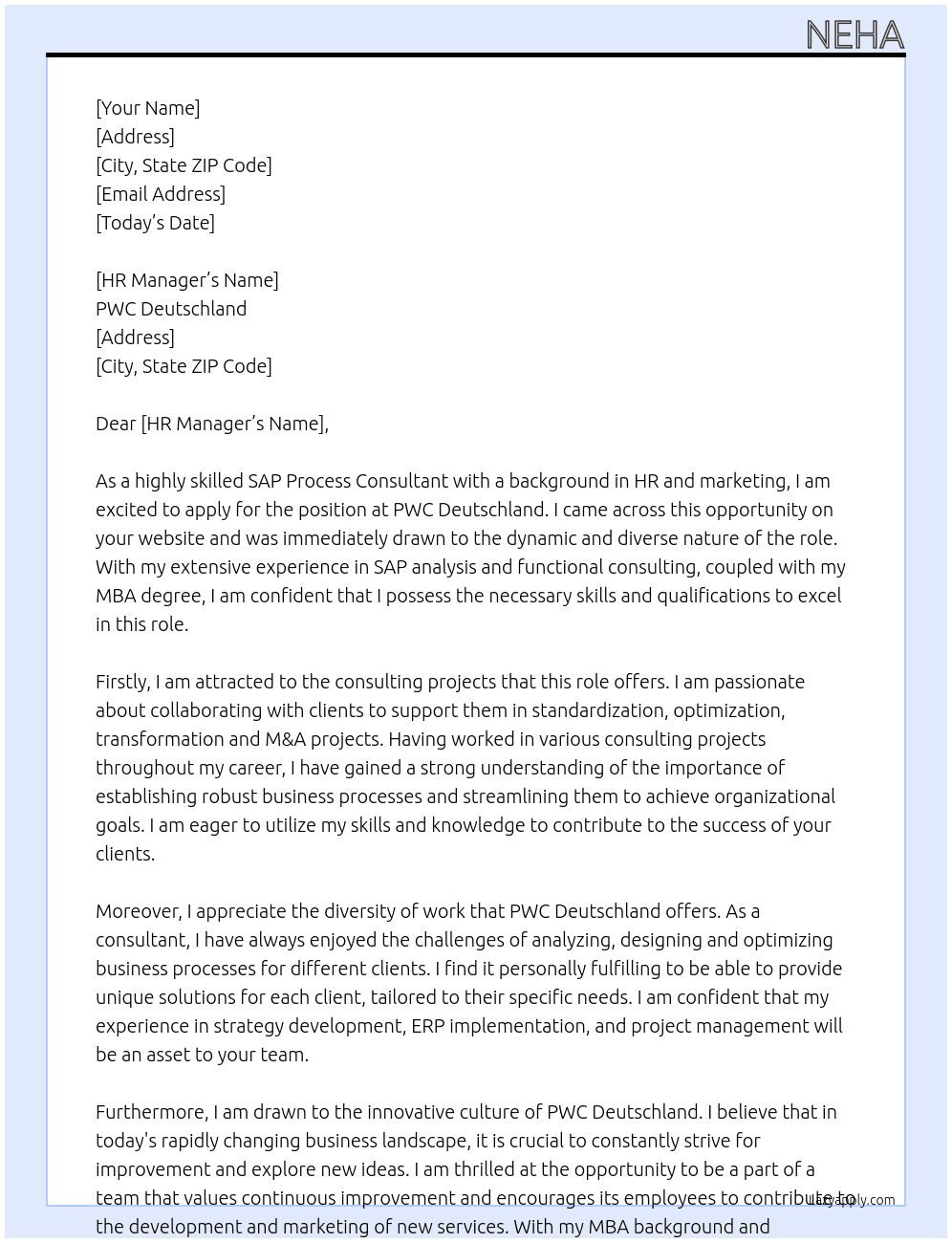 SAP process Consultant At PWC Deutschland Cover Letter