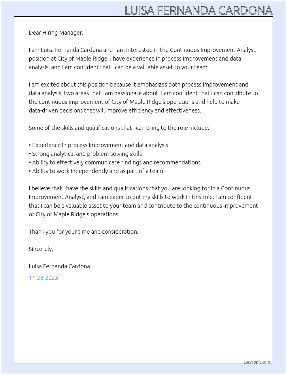 Continuous Improvement Analyst At City of Maple Ridge Cover Letter