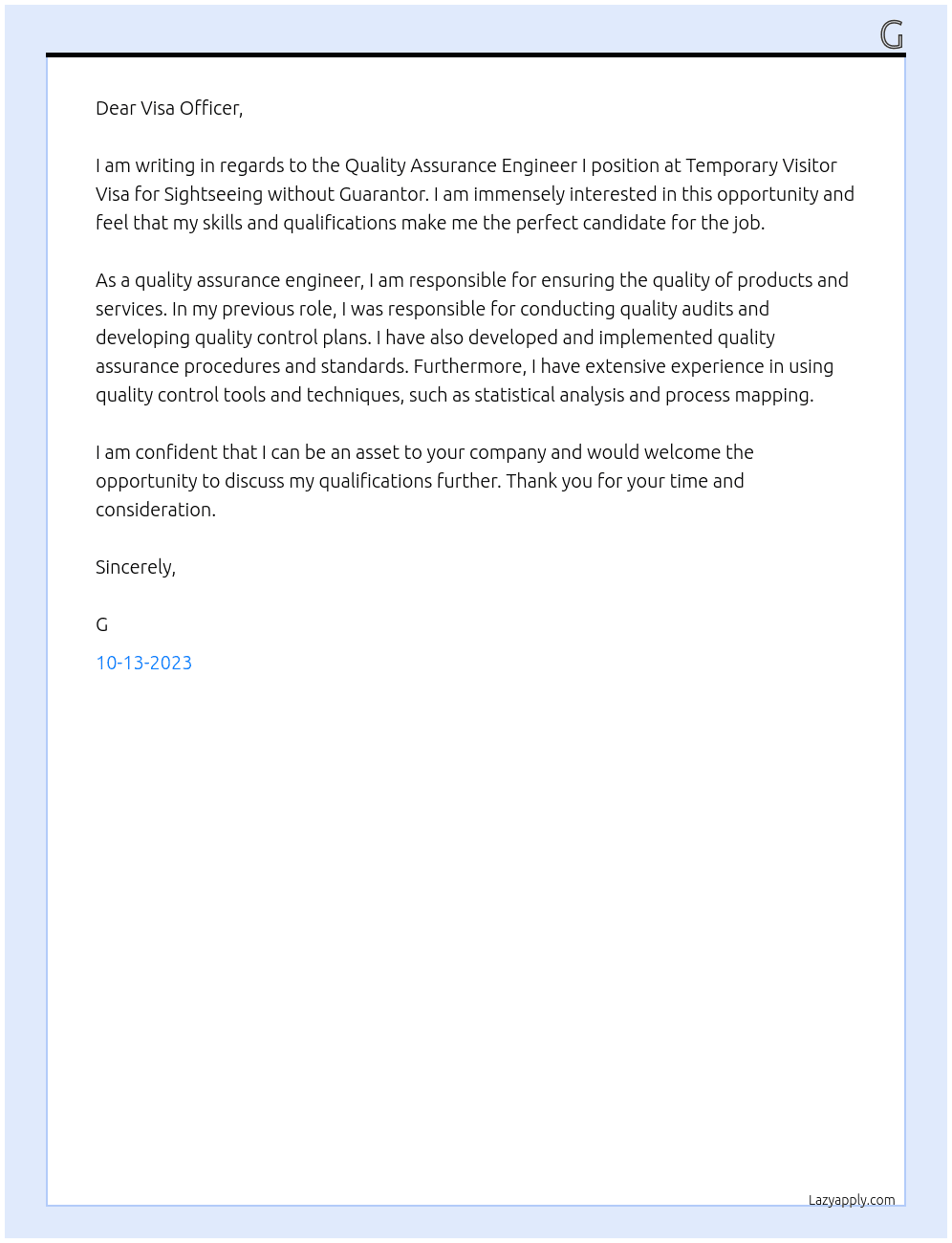 Quality Assurance Engineer I At Temporary Visitor Visa for Sightseeing without Guarantor Cover Letter