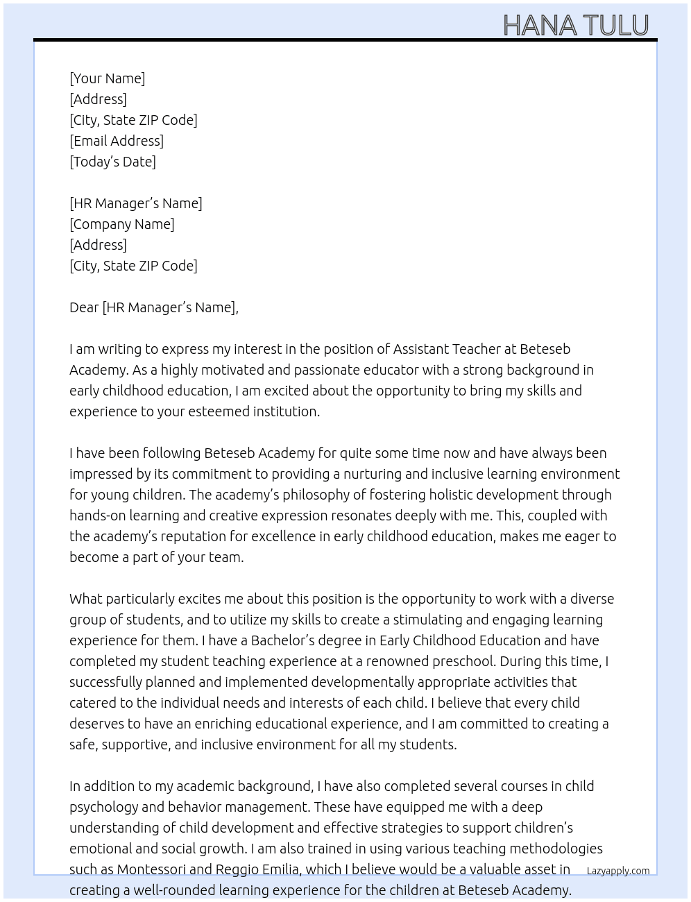 Assistant Teacher  At Beteseb Academy  Cover Letter