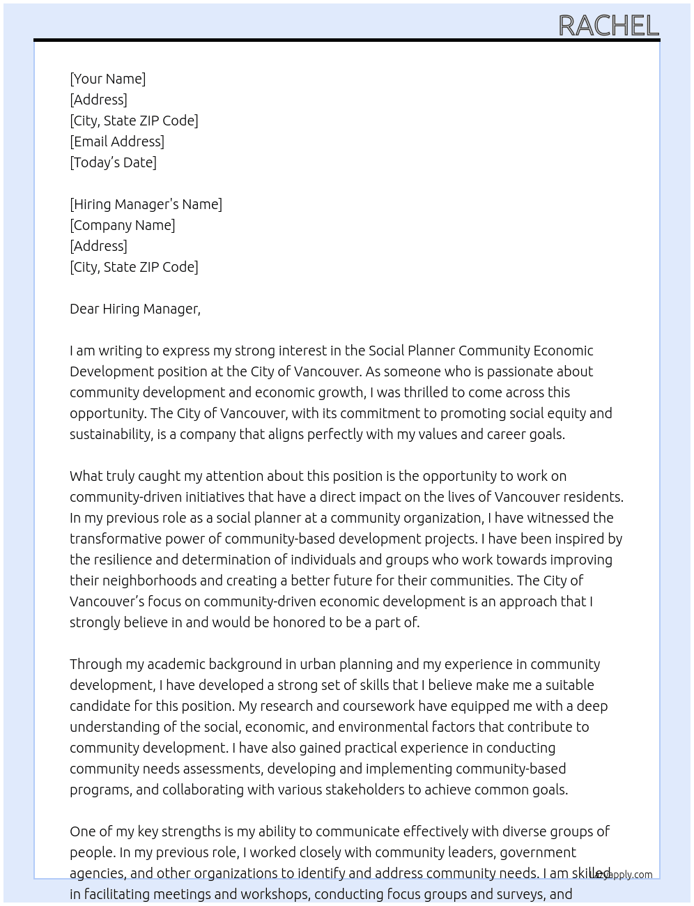 Social Planner Community economic Development At City of Vancouver  Cover Letter