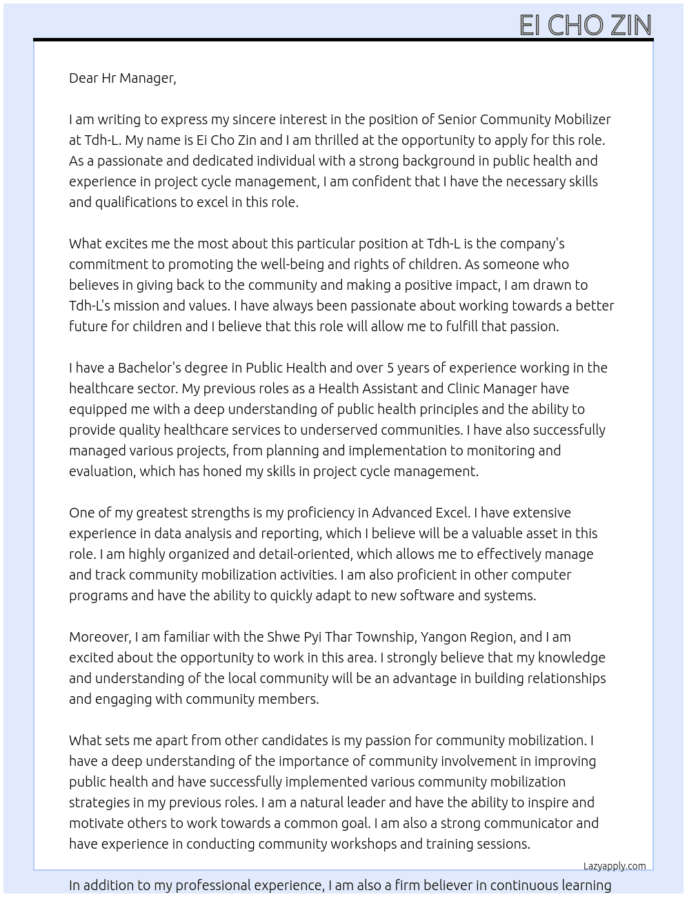 senior community mobilizer At Tdh-L Cover Letter