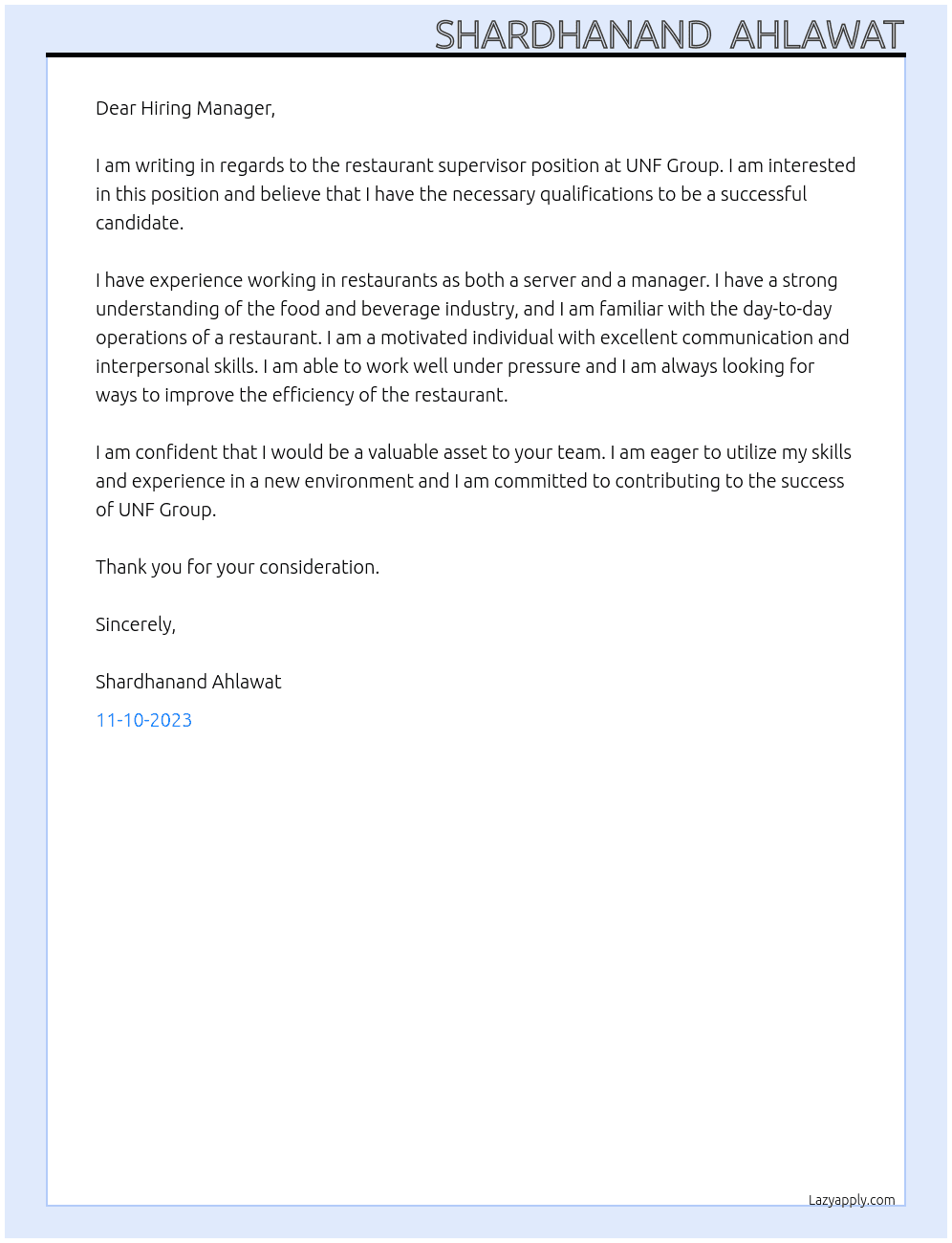 restaurant supervisor  At UNF Group Cover Letter