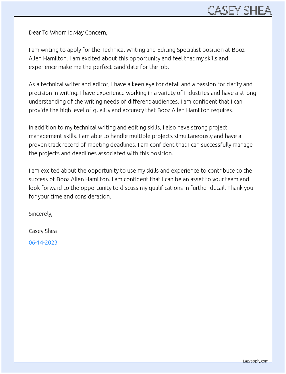 Technical Writing and Editing Specialist  At Booz Allen Hamilton Cover Letter