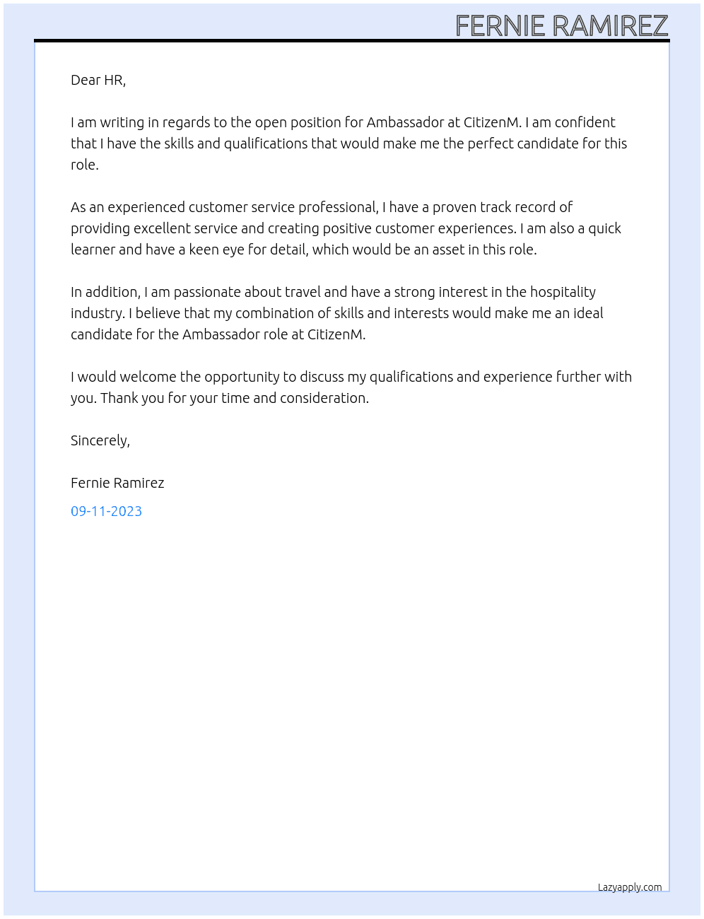 Ambassador  At CitizenM Cover Letter