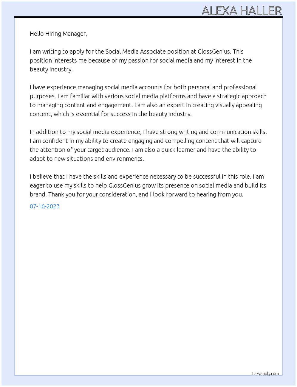 Social Media Associate At GlossGenius Cover Letter
