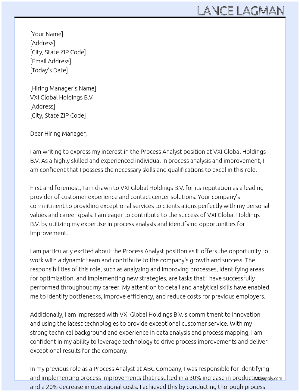 Process Analyst At VXI Global Holdings B.V.  Cover Letter