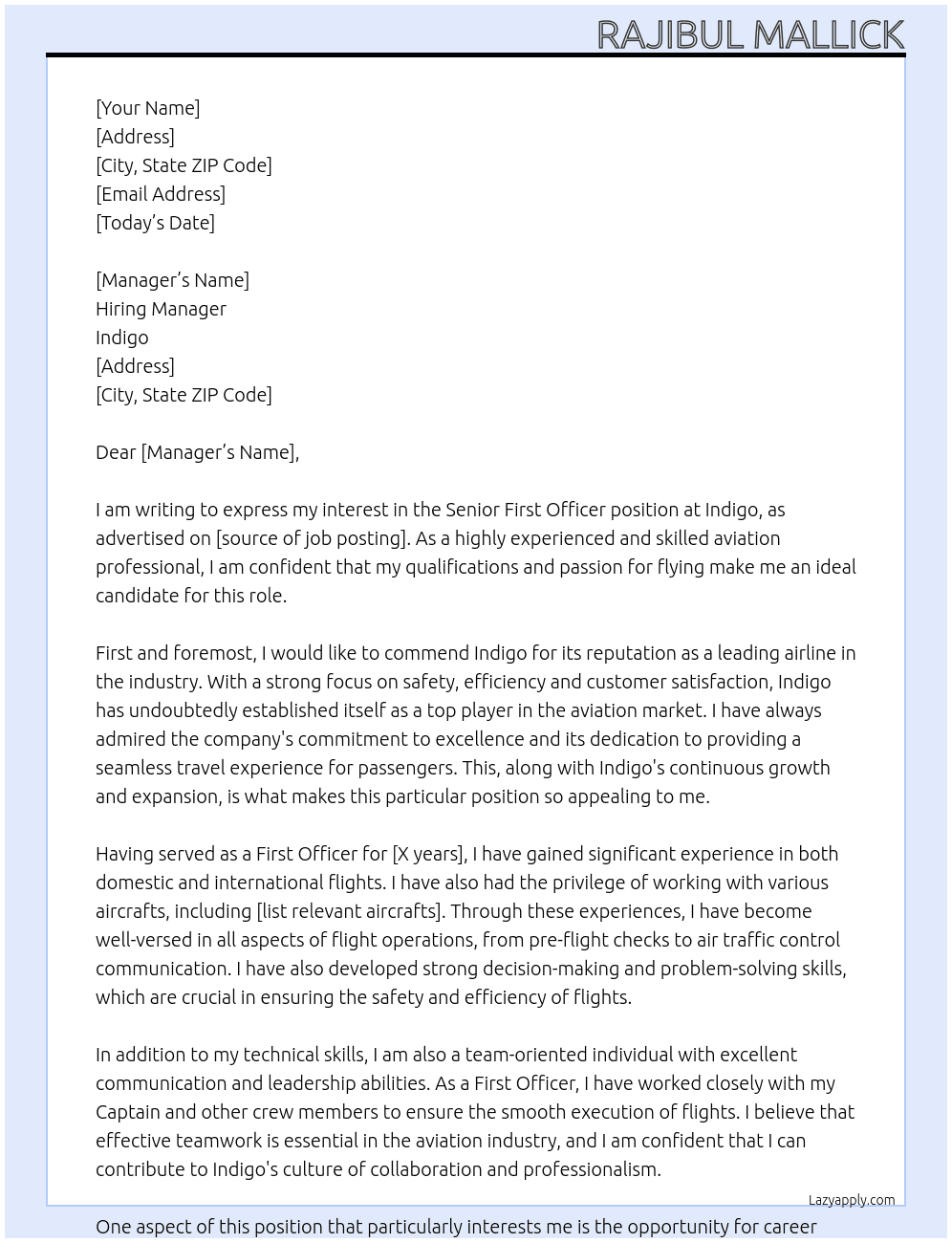 Cover letter for senior first officer - LazyApply