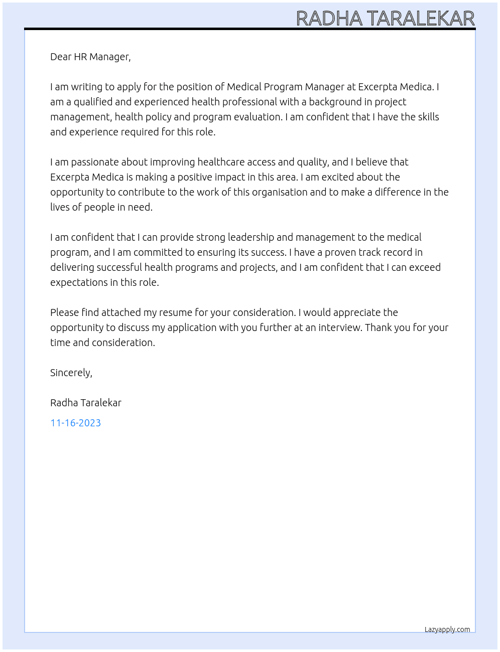 Medical Program Manager At  Excerpta Medica Cover Letter