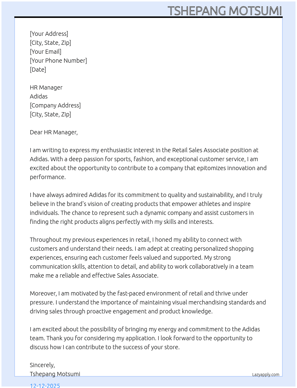 Retail Sales Associate At Adidas Cover Letter