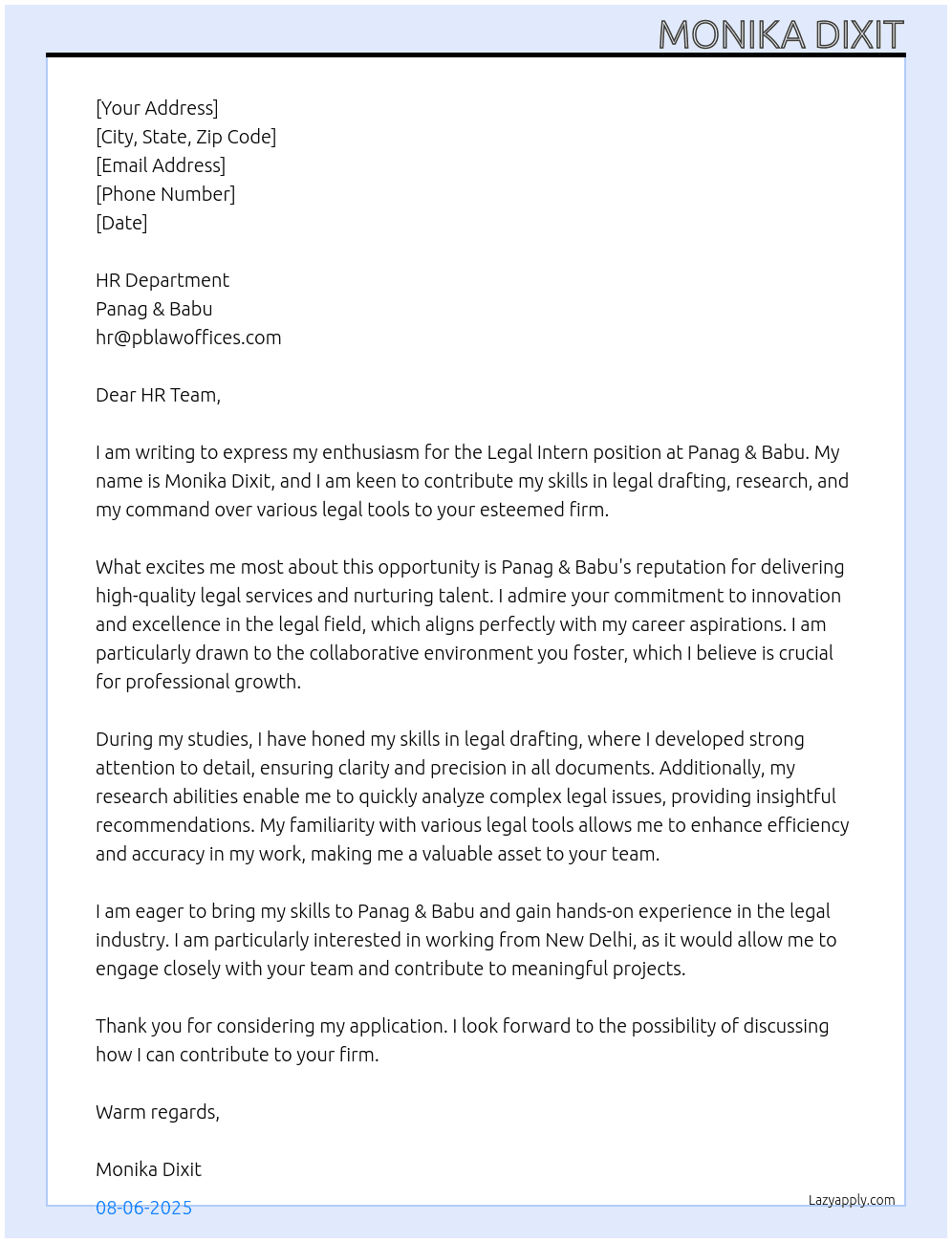 Legal Intern At Panag & Babu Cover Letter