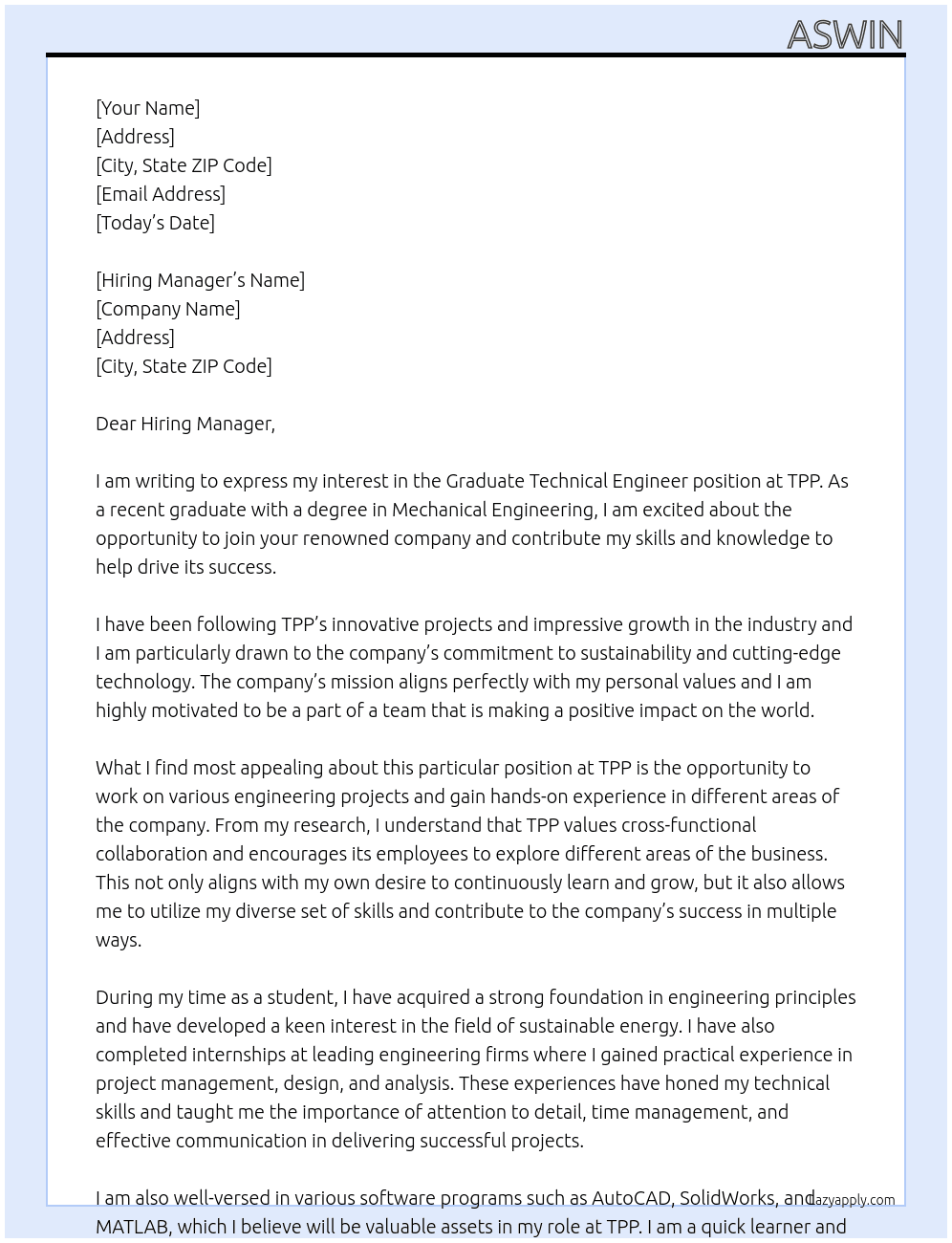 Graduate Technical Engineer At TPP Cover Letter