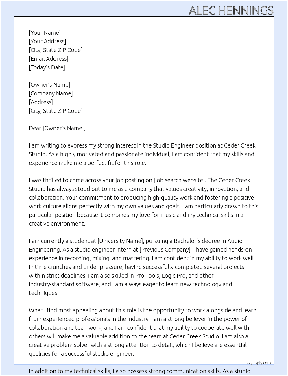 Studio Engineer At Ceder Creek Studio Cover Letter
