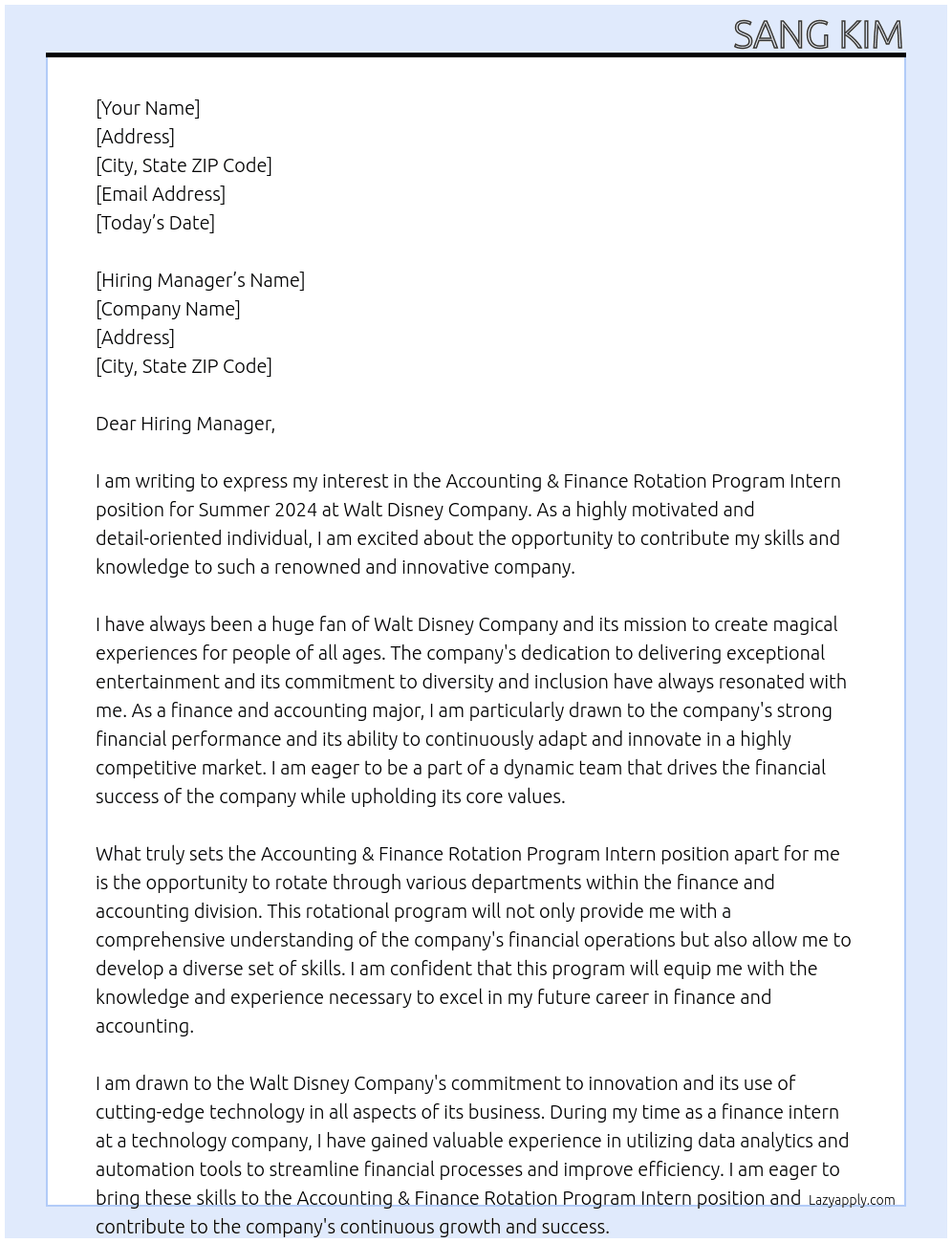 Accounting & Finance Rotation Program Intern, Summer 2024 At Walt Disney Company Cover Letter
