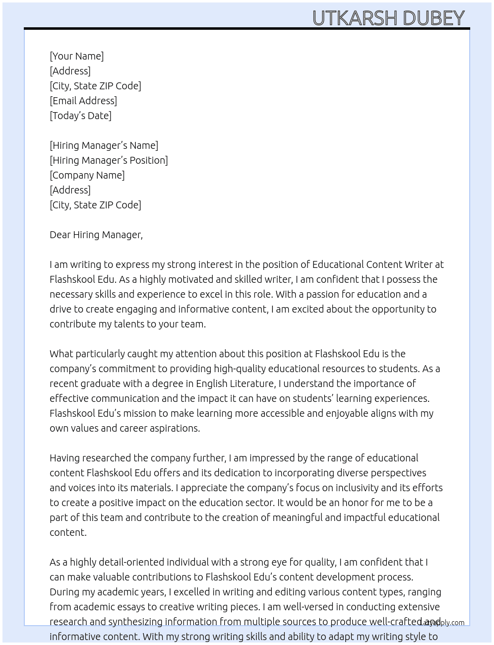 Educational Content Writer  At Flashskool Edu Cover Letter