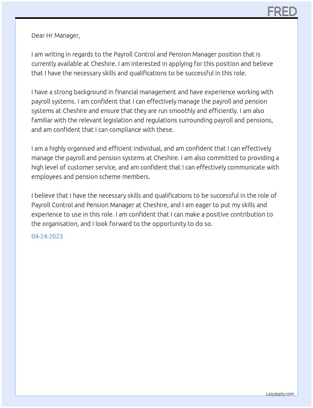 Payroll Control and Pension Manager At Cheshire Cover Letter