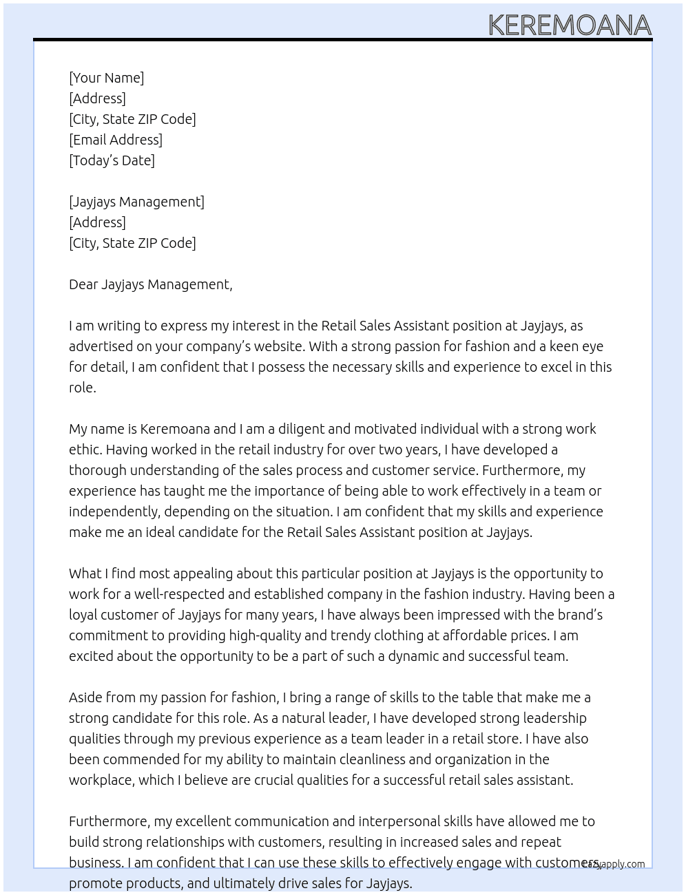 Retail sales assistant  At Jayjays Cover Letter