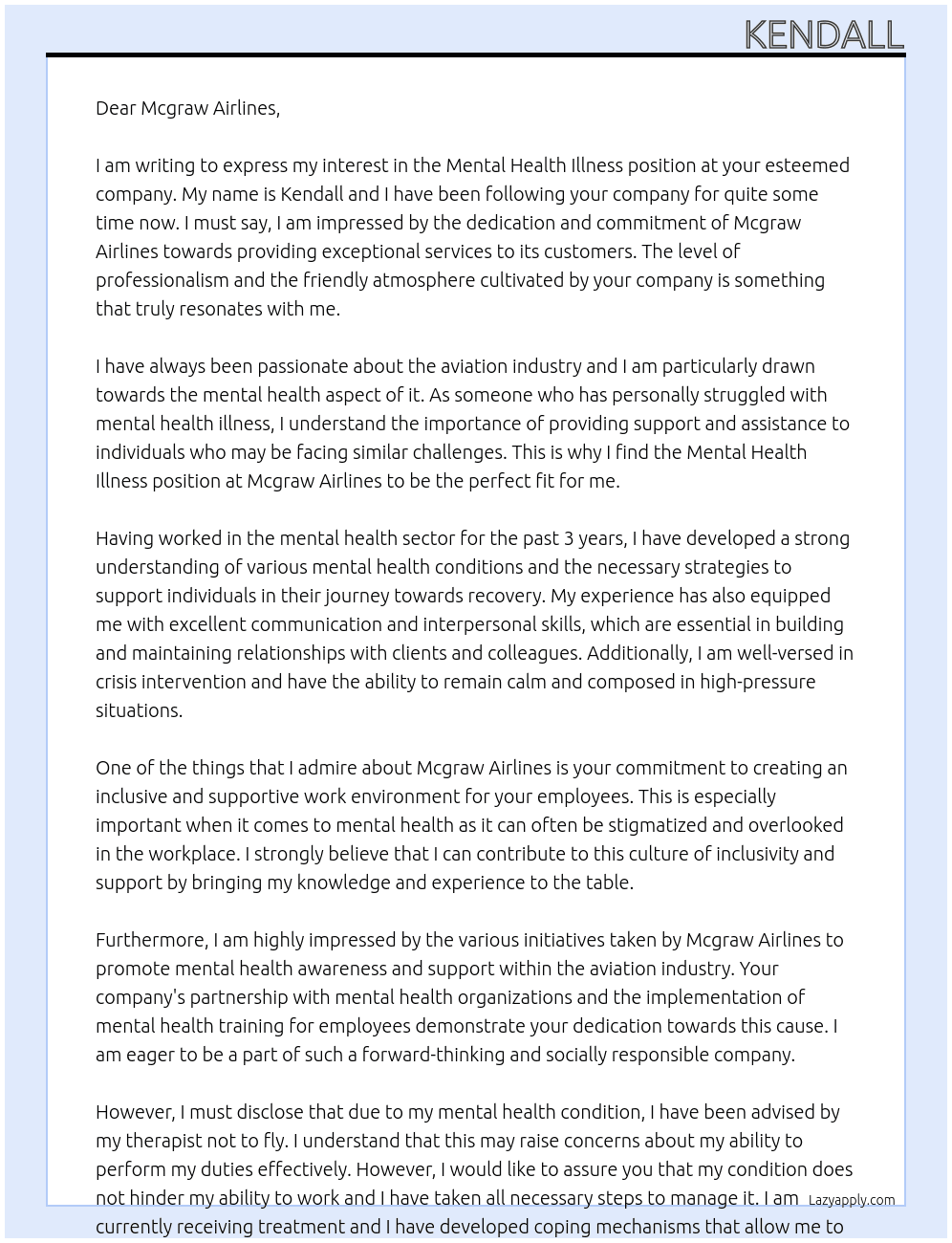Mental health illness  At Mcgraw Cover Letter