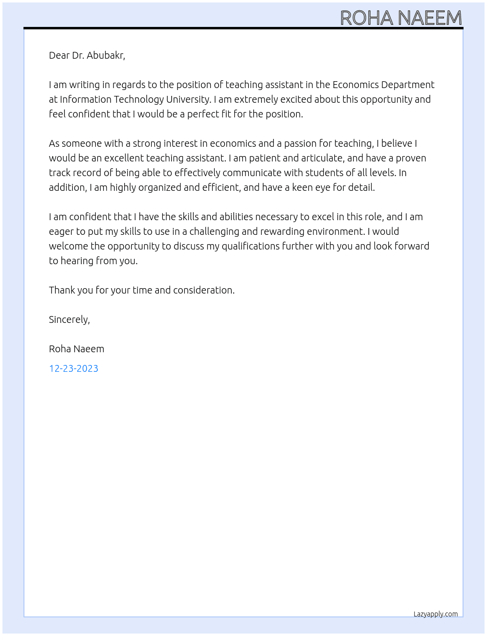 teaching assistant At Information Technology University Cover Letter