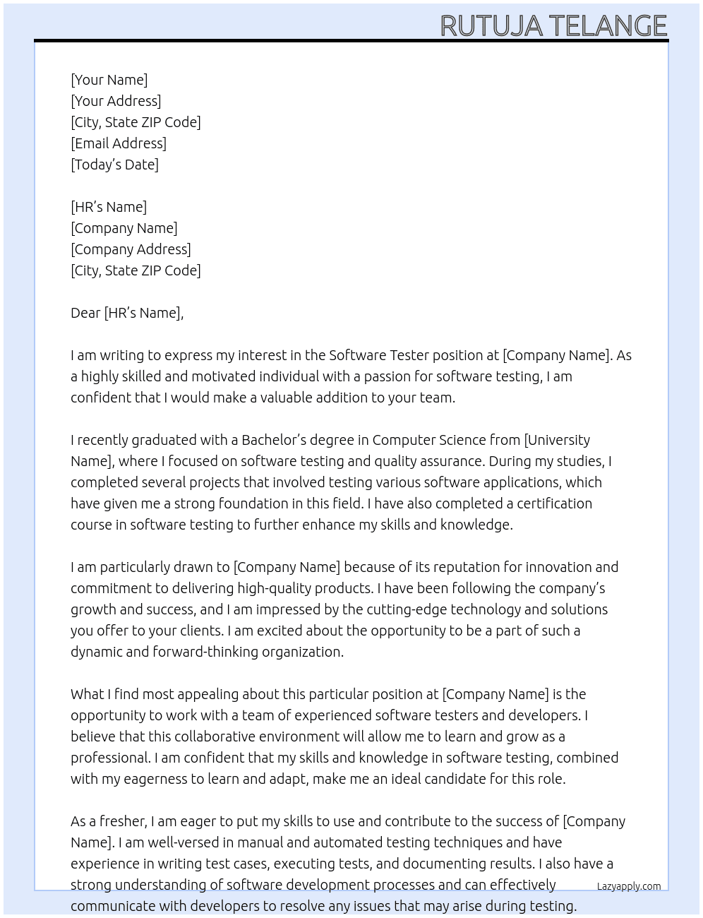 Software tester At Xx Cover Letter