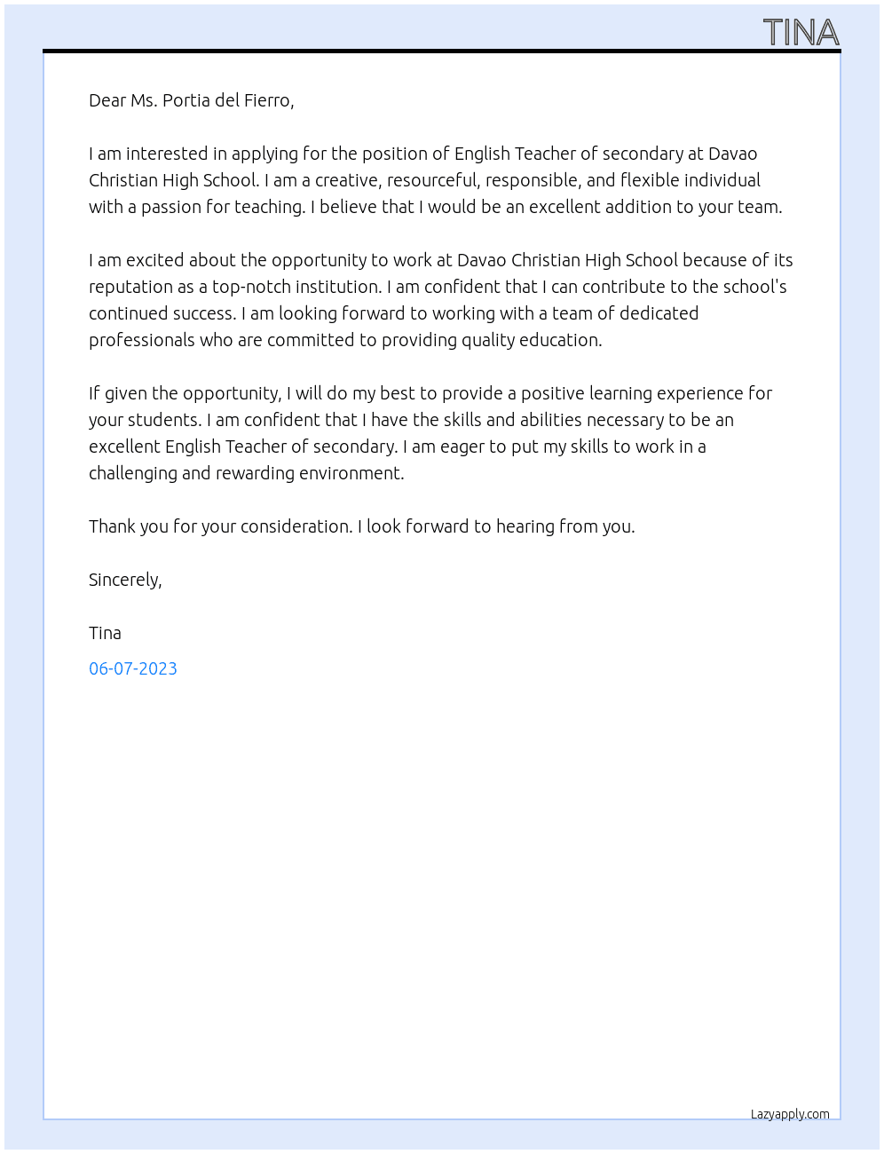 English Teacher of secondary At Davao Christian High School Cover Letter