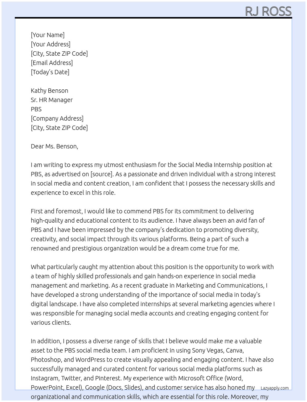Social Media Internship At PBS Cover Letter