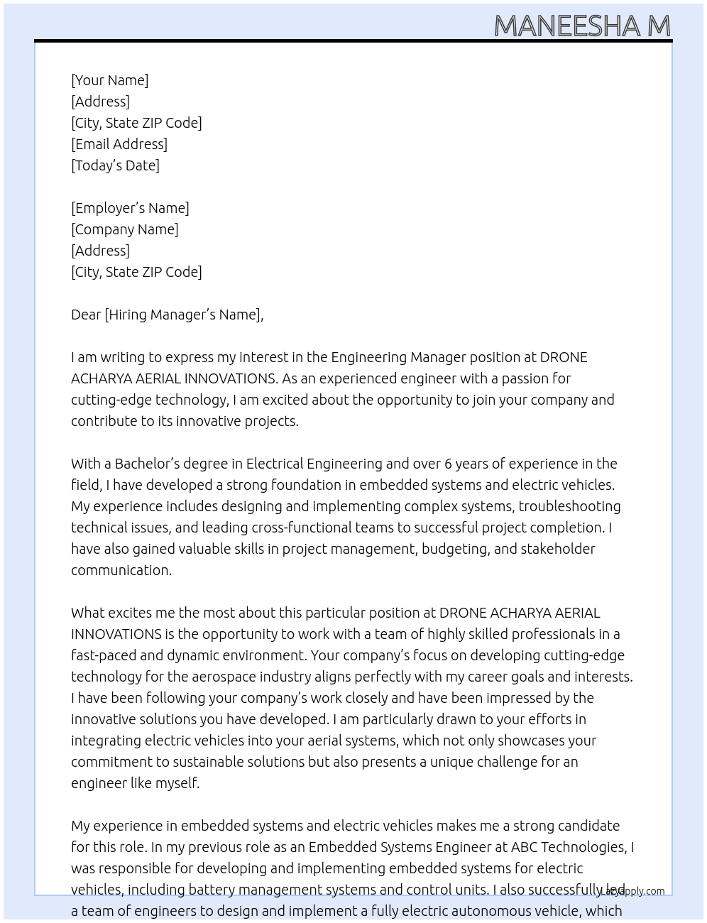 Engineering manager At DRONE ACHARYA AERIAL INNOVATIONS Cover Letter