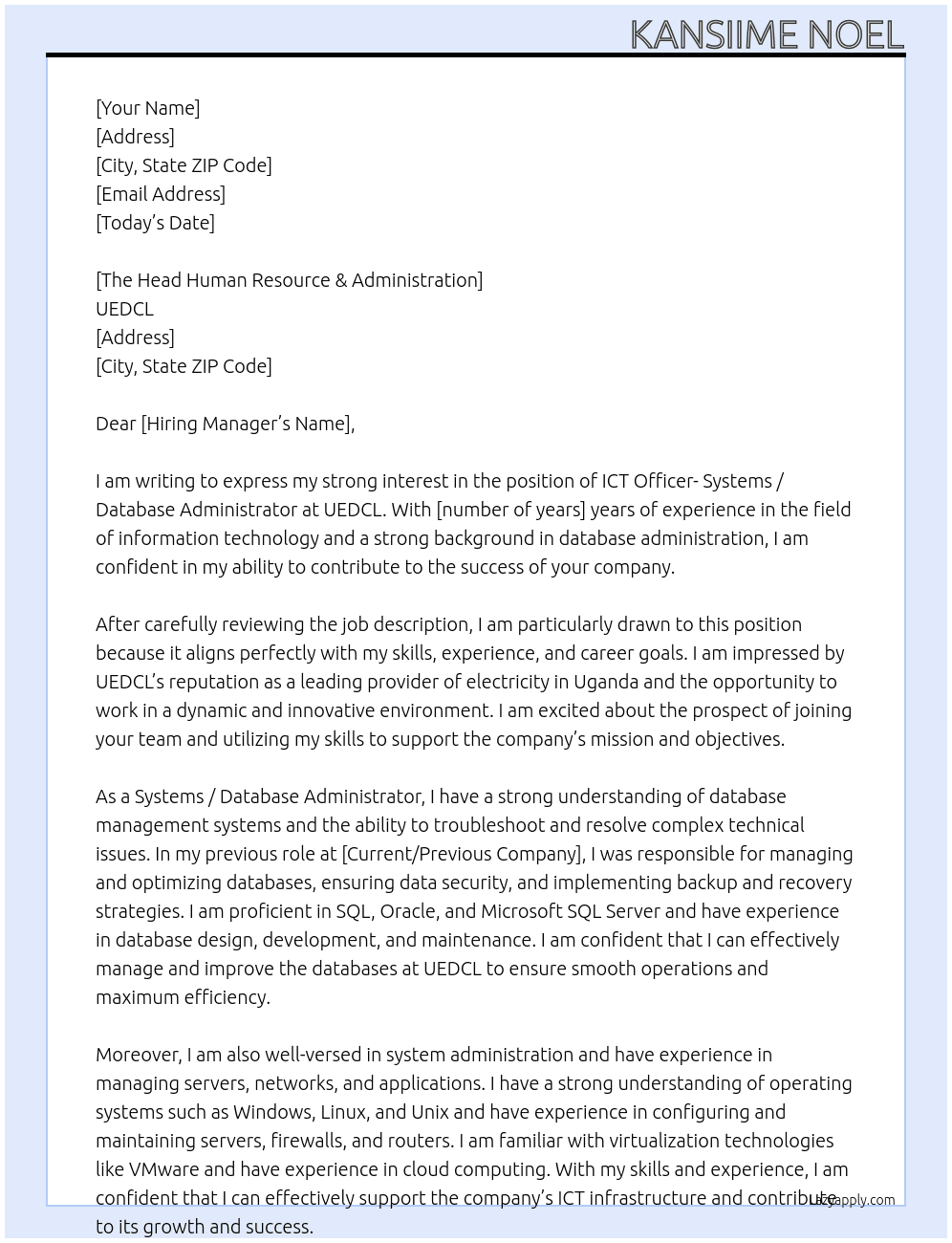ICT Officer- Systems / Database Administrator At UEDCL Cover Letter