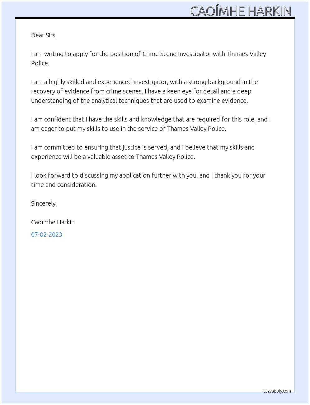 Crime Scene Investigator At Thames Valley Police  Cover Letter