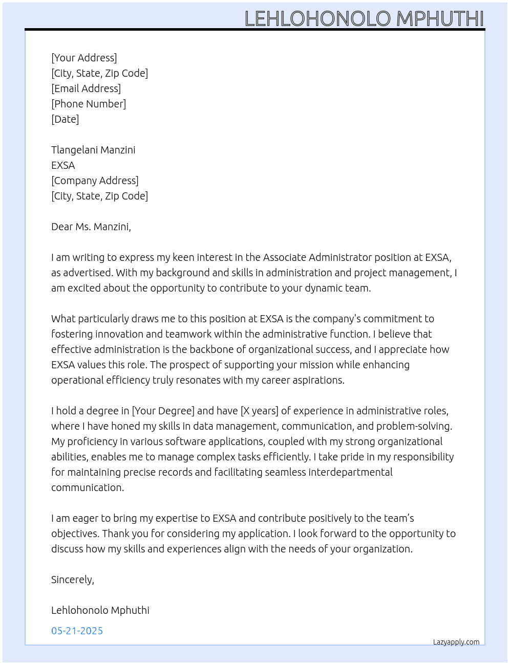 Cover letter for associate administrator - LazyApply