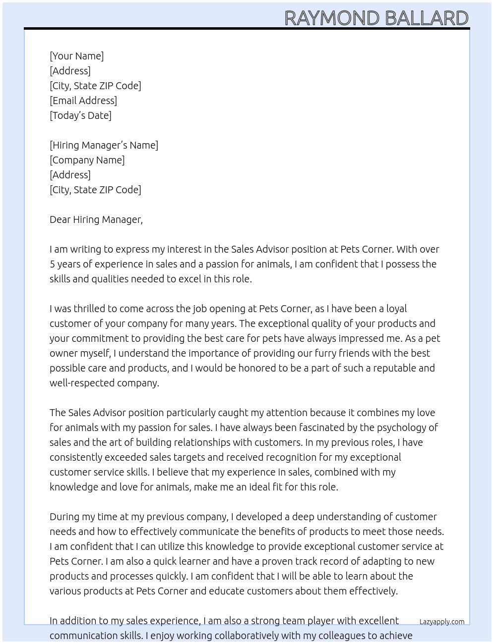 Sale advisor At Pets Corner Cover Letter