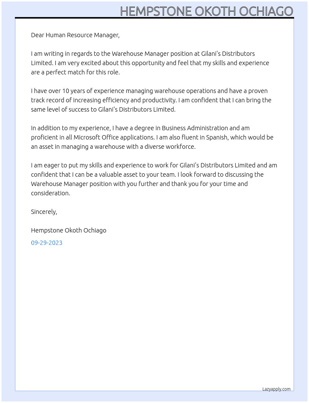 Warehouse Manager At Gilani's Distributors Limited Cover Letter