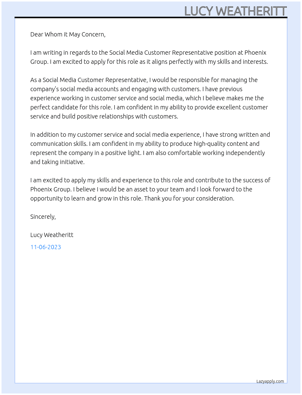 Social Media Customer Representative At Phoenix Group Cover Letter