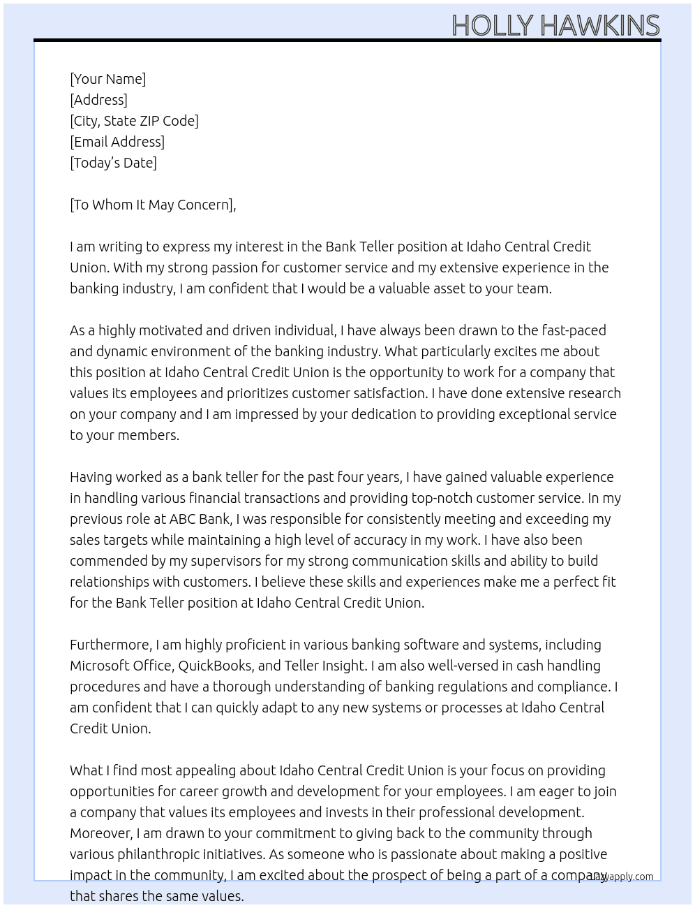 bank teller At Idaho central credit union Cover Letter