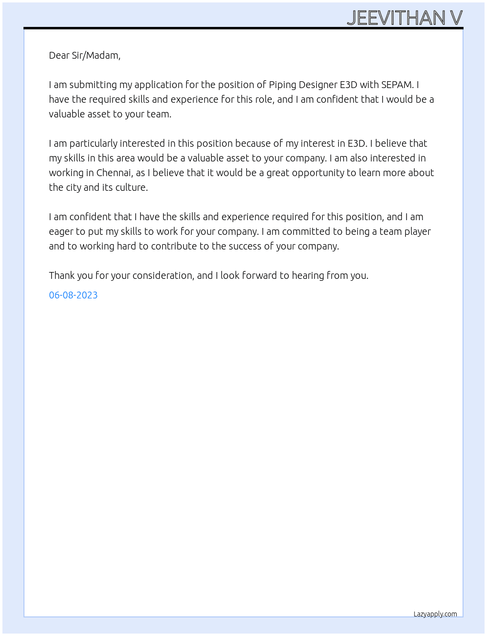Piping designer E3d  At SEPAM Cover Letter