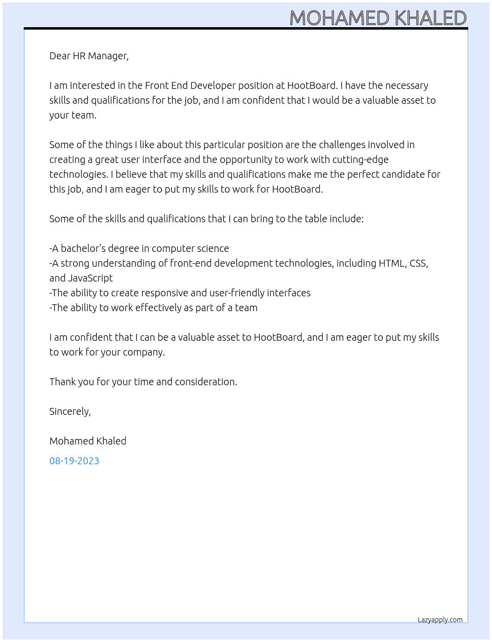 Front End Developer At HootBoard  Cover Letter