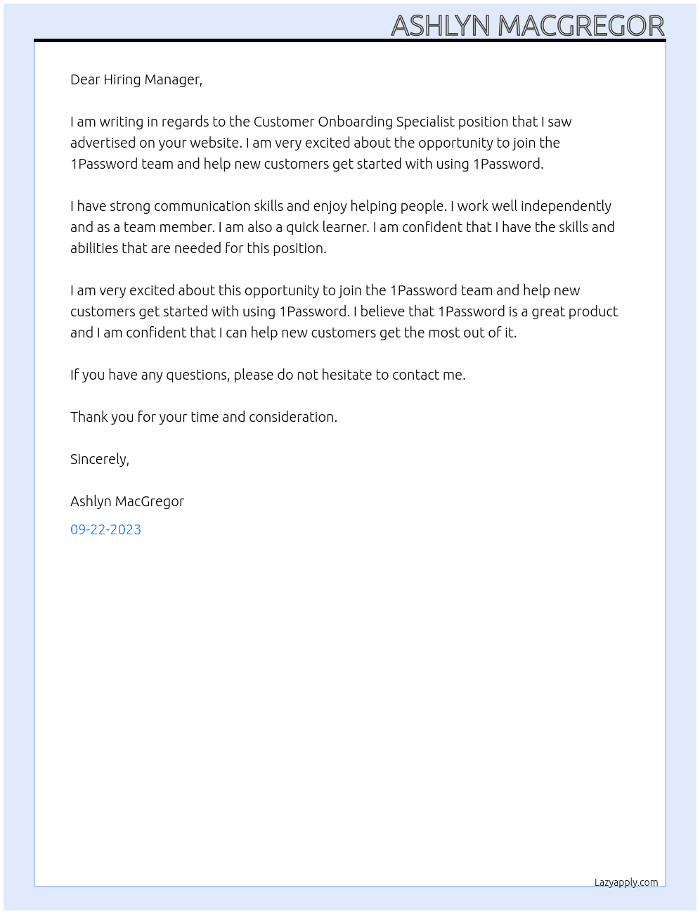 Customer Onboarding Specialist At 1Password Cover Letter
