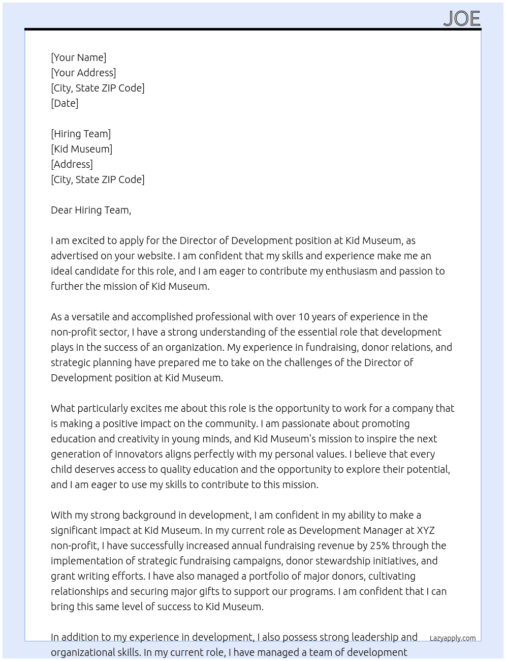 Director of Development At Kid Museum  Cover Letter