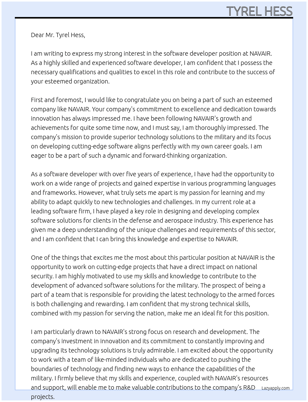 software developer At NAVAIR Cover Letter