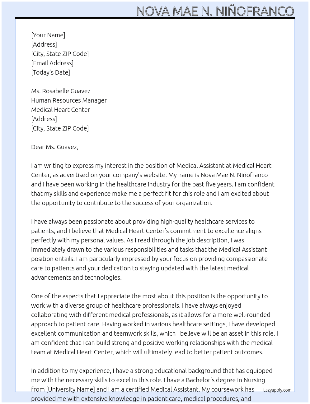 Medical Assistant At Medical Heart Center Cover Letter
