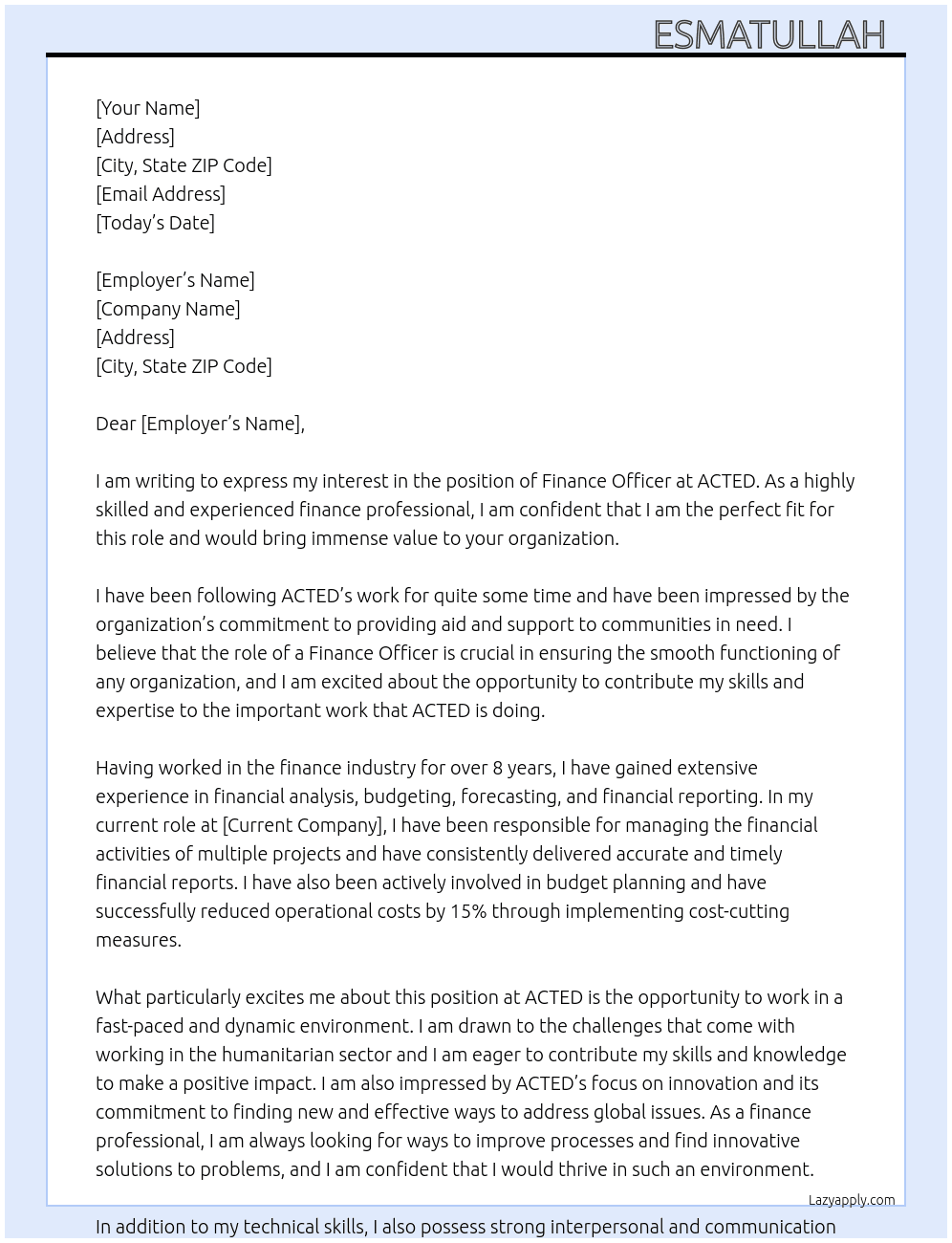 Finance officer At Acted Cover Letter