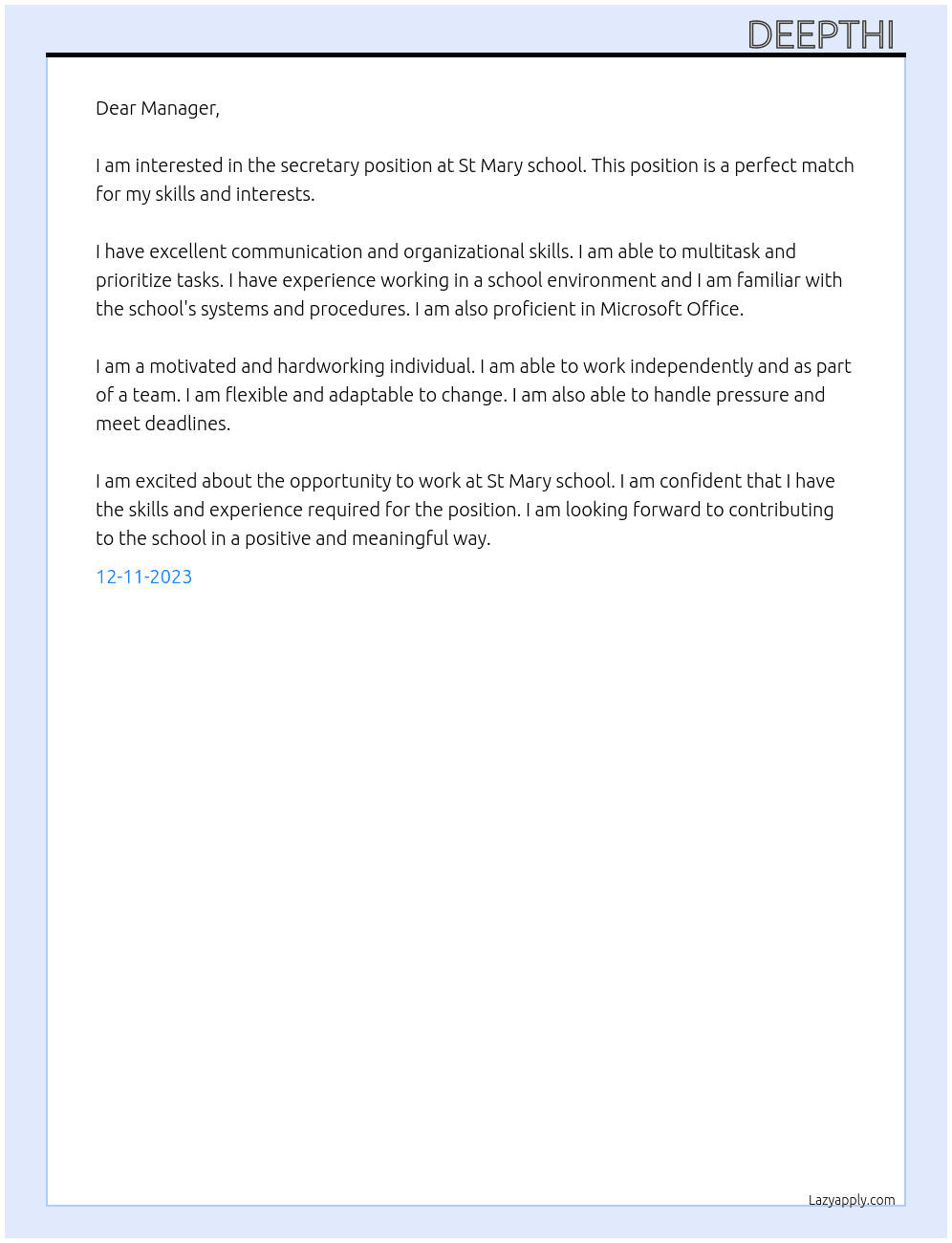 Secretary  At St Mary school Cover Letter
