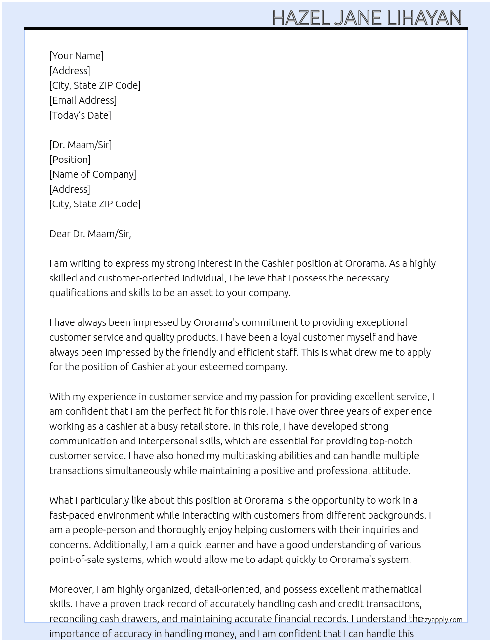 Cashier  At Ororama  Cover Letter