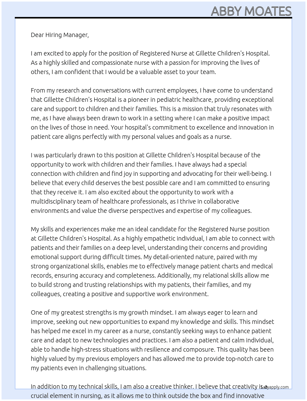 Registered Nurse At Gillette Children's Hospital Cover Letter
