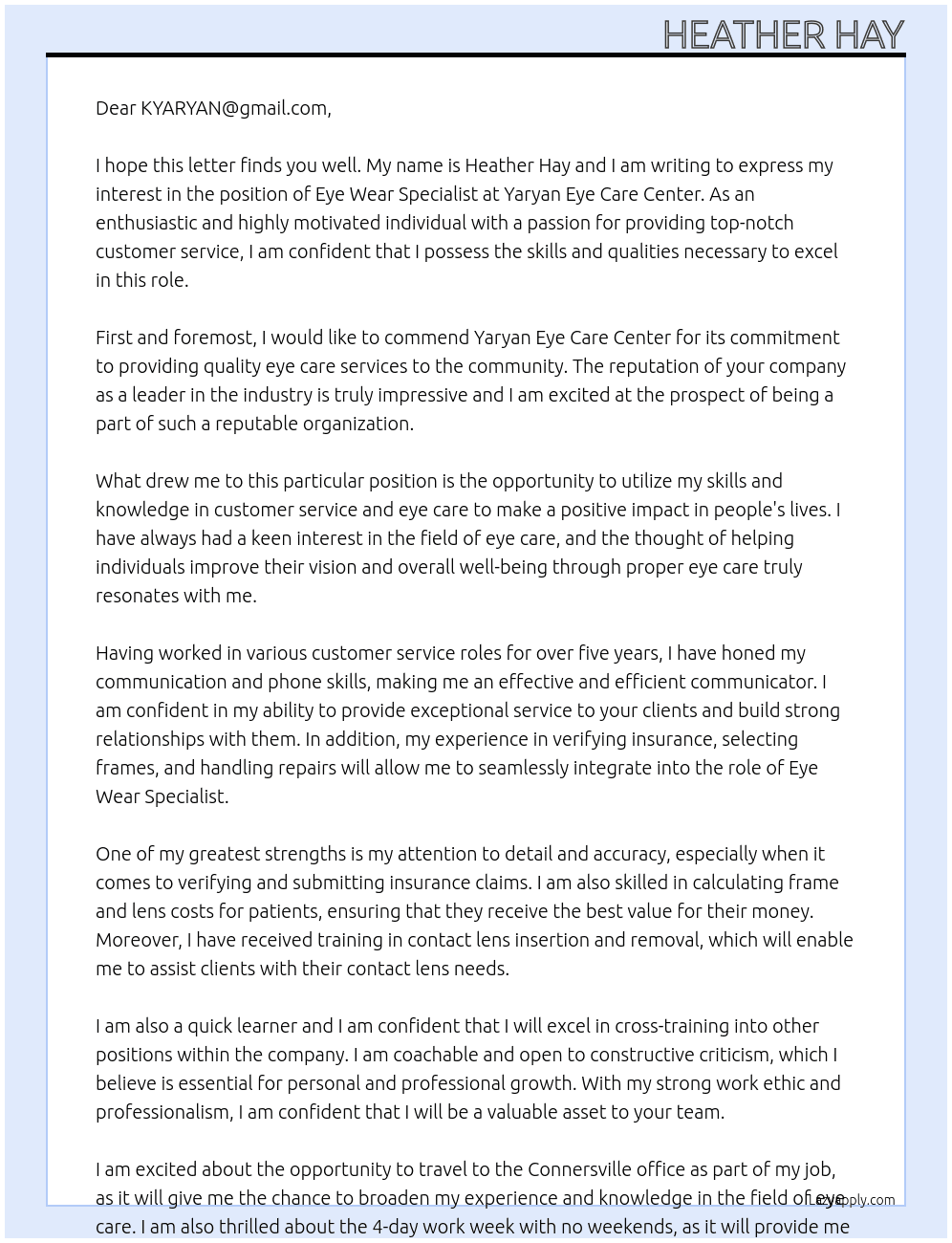 Eye Wear Specialist  At Yaryan Eye Care Center Cover Letter