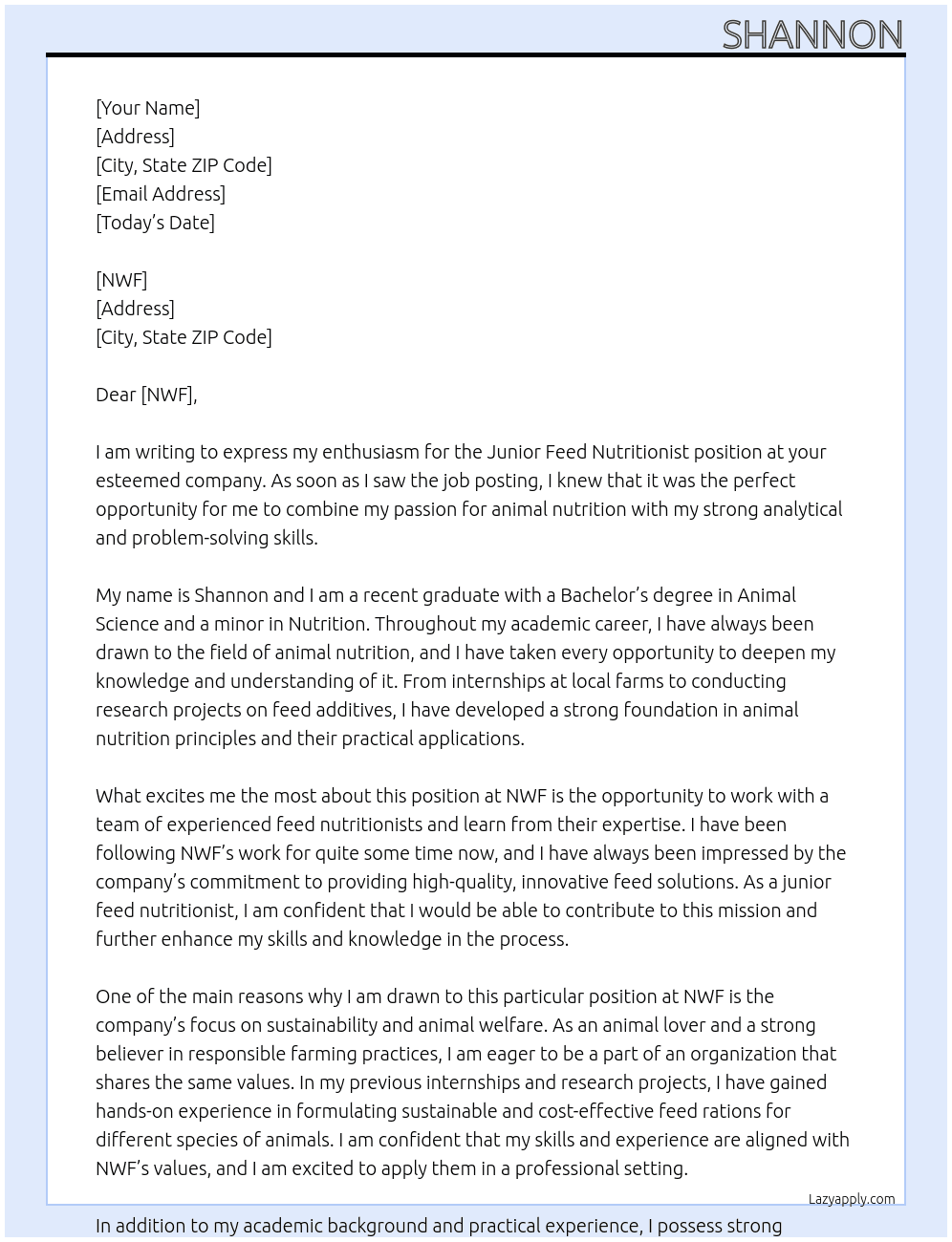 junior feed nutritinist  At NWF Cover Letter