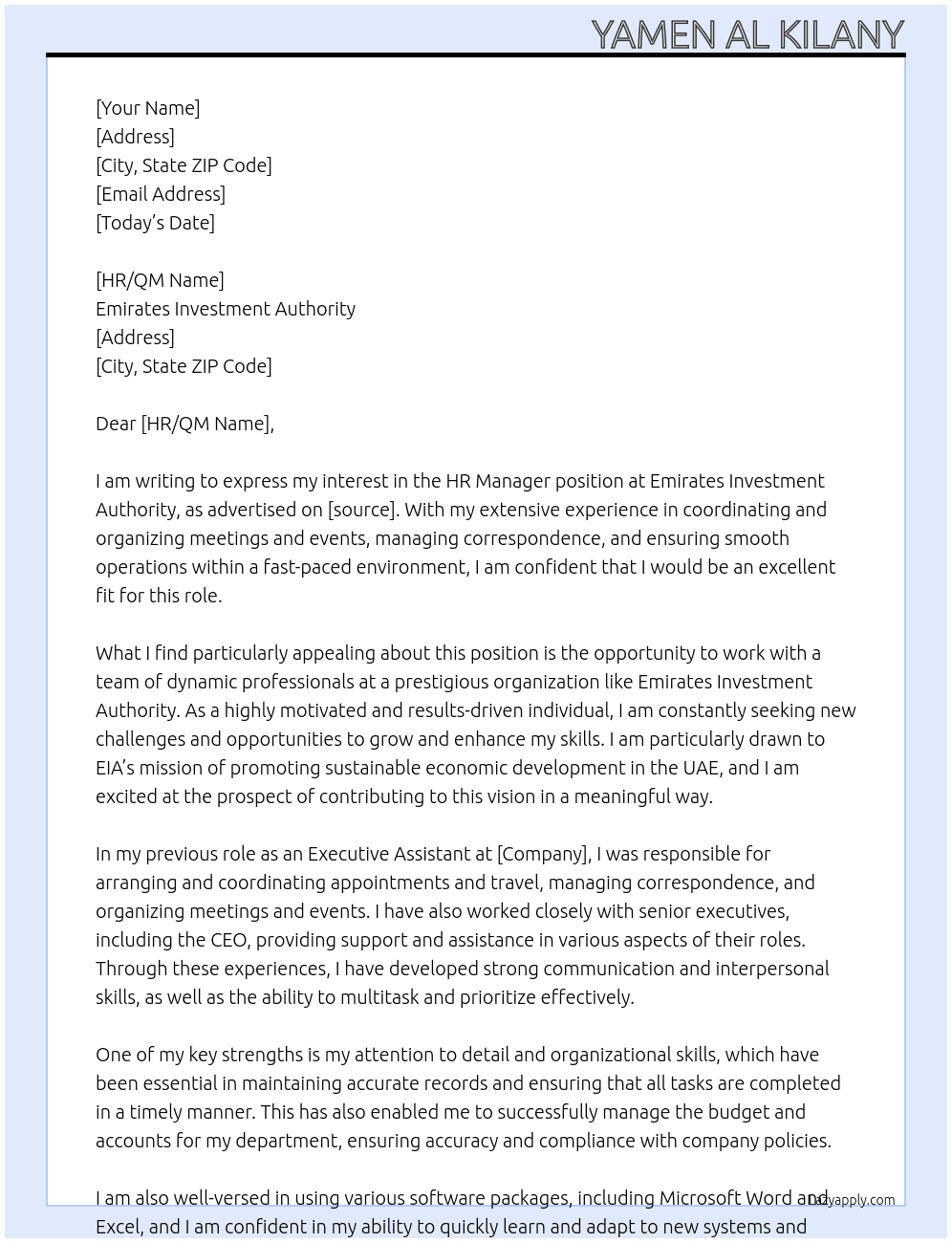 HR Manager  At  Emirates Investment Authority Cover Letter